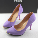 2016夏英伦紫色尖头绒面细跟OL高跟鞋性感女单鞋夜店女鞋子紫黑色