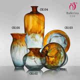 欧式高档彩色玻璃花瓶装饰摆件客厅琥珀黄琉璃插花器样板间工艺品