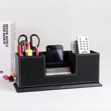高档黑皮革笔筒创意多功能名片盒男士商务办公桌面收纳盒特价包邮