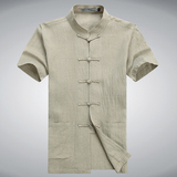 唐装中式盘扣立领亚麻半袖衬衫中青年夏男士棉麻纯色褶皱短袖衬衣