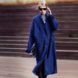 王妃韩版女秋冬季修身西装加长款过膝羊毛呢外套立领蓝色气质大衣
