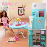 新款芭比娃娃家具配件 芭比厨房餐桌+冰箱套装 女孩过家家玩具