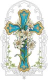 青衣十字绣套件基督教蓝色十字架白色百合花