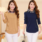 2015秋冬季韩版假两件女装修身衬衫领针织衫毛衣翻领中长款打底衫