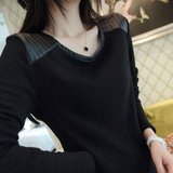 秋冬季韩版PU皮拼接修身中长款T恤女款加厚打底衫加绒体恤上衣新