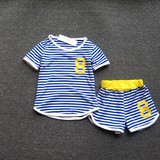 童装夏装儿童男童小童宝宝 蓝色8号条纹莫代尔棉短袖短裤套装