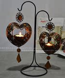 欧式古典铁艺金属烛台波西米亚外贸水晶玻璃吊式双头爱心蜡台摆件