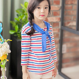 韩国进口noriter正品女童2014夏款 2色条纹海军领七分袖T恤 现货