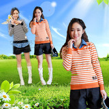 春秋季青少年女学生学院风韩版假两件套衬衫领修身条纹拼接毛衣