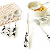 韩式可爱奶牛纹不锈钢勺子 陶瓷柄筷子儿童餐具套装 西餐叉子大号