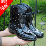 包邮花园雨鞋韩国女式防水防滑加绒胶鞋蝴蝶结雨靴士时尚水鞋套鞋