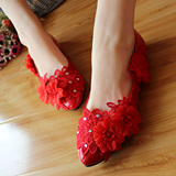 红色手工婚鞋 闪水钻蕾丝花朵平底新娘鞋平跟伴娘鞋女 演出女单鞋