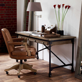 美式乡村工业风铁艺实木书桌个性办公桌带抽屉轮子可移动桌子餐桌
