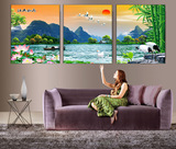 现代自然风光山水画客厅办公室装饰画无框墙画三联水晶画江山如画