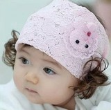 秋冬新款韩版宝宝蕾丝花朵假发帽子儿童空顶护脑门公主帽套头帽子