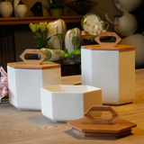 现代中式原木盖白色陶瓷储物罐家居饰品样板房软装厨房厨具摆件