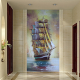 地中海风格 彩色帆船油画 客厅玄关背景墙纸壁纸 大型壁画定制做