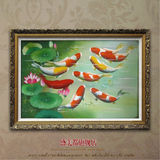 中国油画纯手工中式客厅装饰画餐厅横幅九鱼图油画动物家装有框画