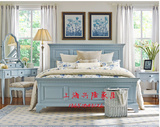 地中海实木双人床1.8米婚庆床田园法式浅蓝色做旧床实木高档家具