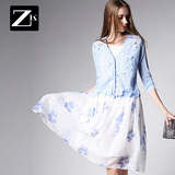 ZK女装2016春装新款蕾丝拼接时尚 气质甜美百搭雪纺套装裙子潮