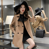 韩国2016秋装新款时尚鹿皮绒风衣外套女中长款修身显瘦双排扣大衣