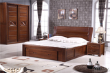 特价胡桃木1.8米双人床 现代中式纯实木床 床尾带抽屉高箱储物床