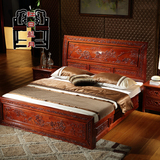 实木雕花双人床中式山水雕刻大床明清仿古古典家具雕花床橡木床