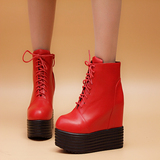 新款内增高女靴女鞋短靴高跟女靴子马丁靴系带英伦厚底靴黑红色