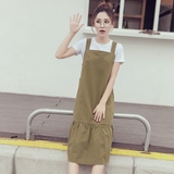 2016夏季新品韩版宽松H型纯色百褶裙鱼尾长款减龄显瘦背带连衣裙