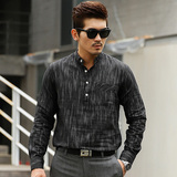 韩国代购男装夏季新款衬衣竖条纹立领修身百搭时尚潮男士长袖衬衫