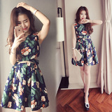 韩国代购2016夏季女装名媛小香风印花时尚连衣裙套装显瘦两件套女