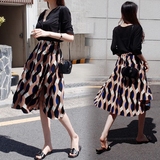 韩国2016女装夏黑色t恤大摆型韩版时尚印花半身裙子休闲两件套装