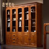 实木书柜自由组合带门实木橡木储物柜书架组合玻璃书柜中式金柚色
