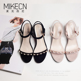 MIKECN 2016新款珍珠一字带粗跟凉鞋女夏中跟高跟鞋女鞋简约百搭