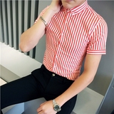 夏季男士条纹短袖衬衫韩版潮男修身型夜店休闲衬衣时尚发型师寸衫