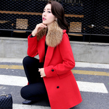 2015冬季新品女装羊绒毛呢大衣中长款大翻领毛领修身外套韩版特惠
