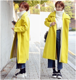 韩国代购柠檬黄超长款宽松毛呢大衣羊绒外套女过膝及踝韩版休闲