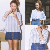 韩版夏季新品女装宽松显瘦复古条纹V领蝙蝠短袖套头衬衫衬衣上衣