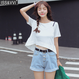 2016夏季韩版学生可爱宽松显瘦吊带假两件T恤女 纯色拼接贴布上衣