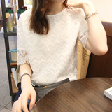 夏季新款女装圆领雪纺衫短袖宽松蕾丝衫韩版显瘦学生白色雪纺上衣