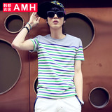 AMH男装韩版2016夏装新款圆领修身条纹休闲青年短袖T恤男賽
