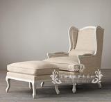 外贸美法式复古客厅软包单人沙发老虎椅实橡木布艺整装休闲椅新款