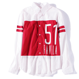 15外贸原单秋季女装新品牌数字印花红白撞色运动休闲纯棉衬衫