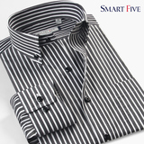 SmartFive 纯棉免烫经典百搭条纹商务扣领衬衫修身男长袖衬衣春装