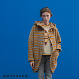 MOVEUP幻走正品 2015女装冬季新品 个性条纹羊毛呢中长款连帽外套