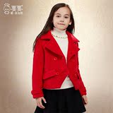女童羊毛呢子大衣秋冬童装韩版中大童短款大红色西服领毛呢厚外套