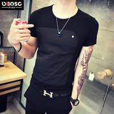 OBO2016夏装韩版棉麻拼接半截袖小衫男士黑色体桖修身潮流短袖t恤