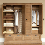 美式复古实木衣柜 大型四门橡木衣橱百叶储物柜 两门简易儿童衣柜