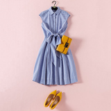 英伦风复古经典清新蓝色条纹系带蝴蝶结包袖衬衫式棉质连衣裙