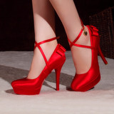 春季绸缎红色婚鞋高跟防水台新娘鞋绑带32码小码白色高跟鞋单鞋女